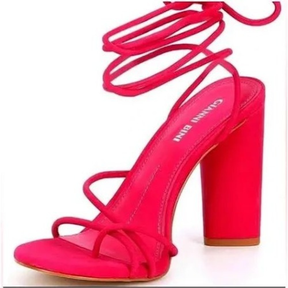 Gianni Bini Hot Pink Suede Lace Up Block Heel Sandals Size 7M Feminine